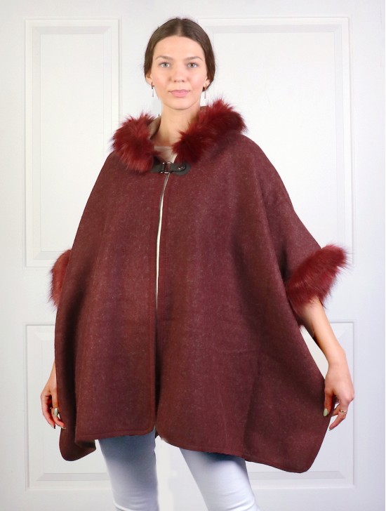 Faux Fur Wool Feeling Hooded Cape W/ Button